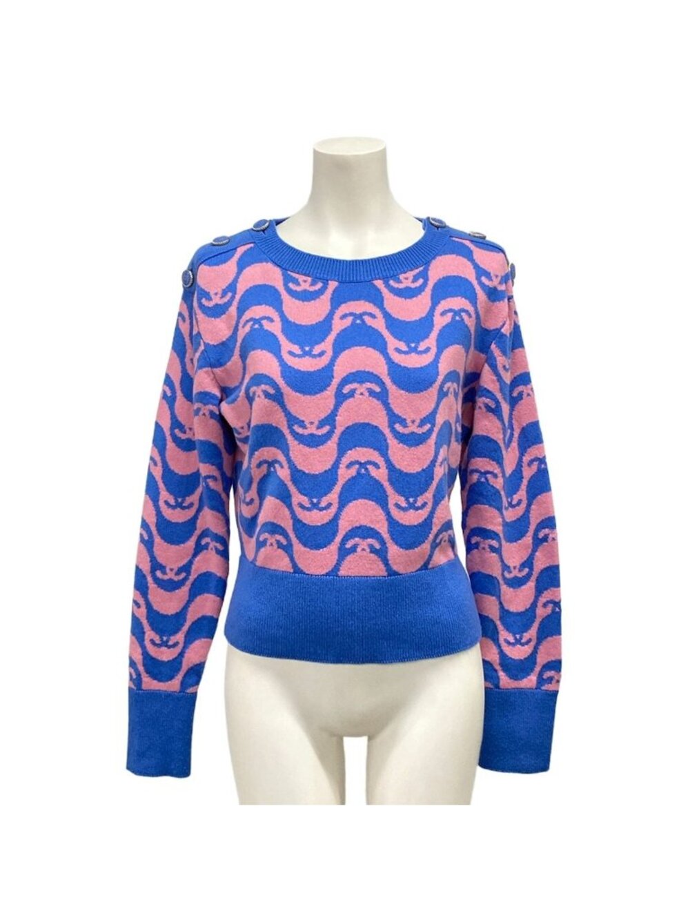 Chanel Long Sleeve Sweater 34 S Blue Pink Crew Neck CC Logo Knit Cashmere